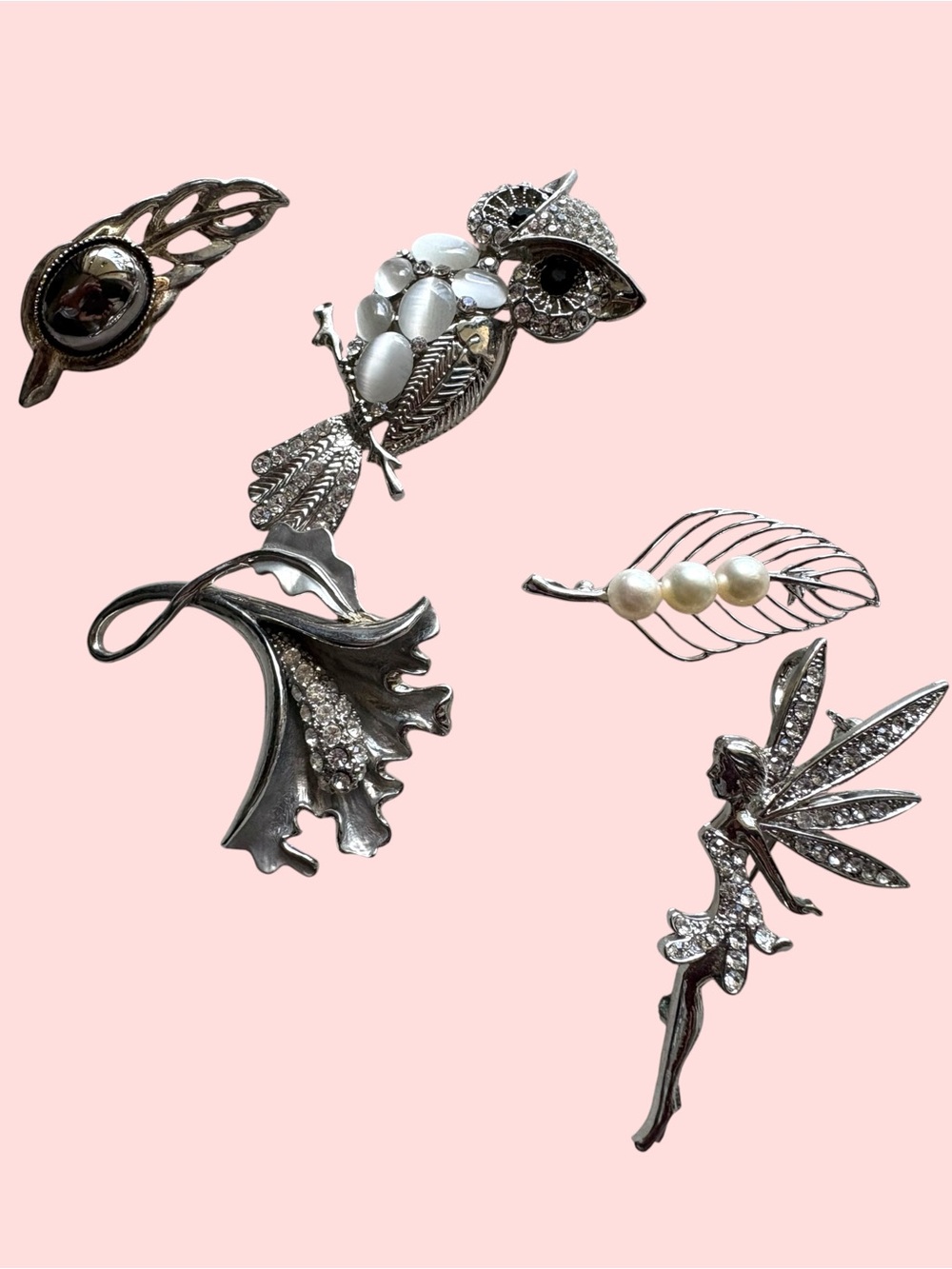 Vintage Brooch Lot Silver Tone Rhinestone Leaf Owl Fairy Pearl Pins 5pc